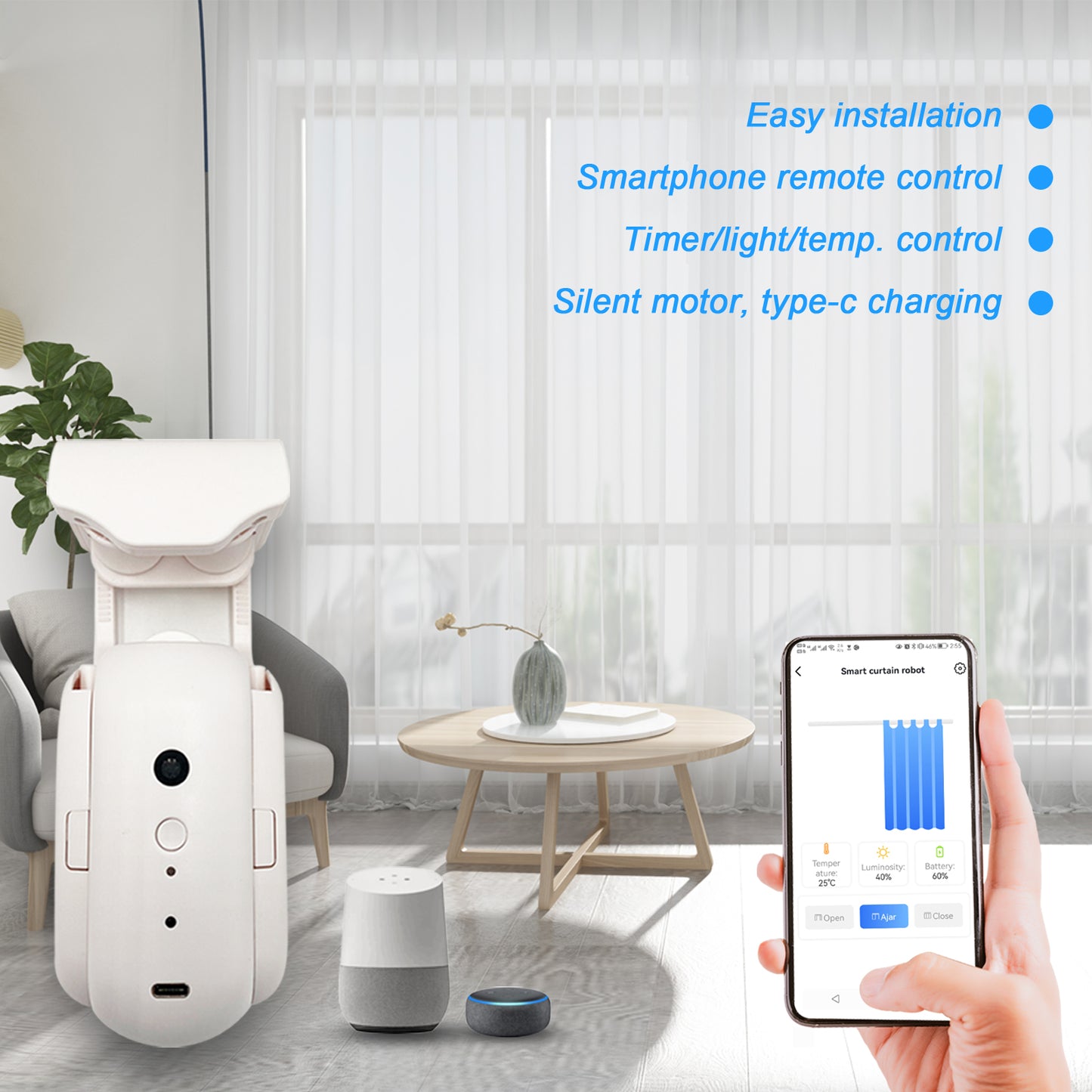 OWSOO Intelligent Curtain Motor Electric Curtain Robot Automatic Opener No  Wiring Support APP Remote Control Timer Setup Temperature & Light Sensing  Compatible with Home for Curtain Rod 
