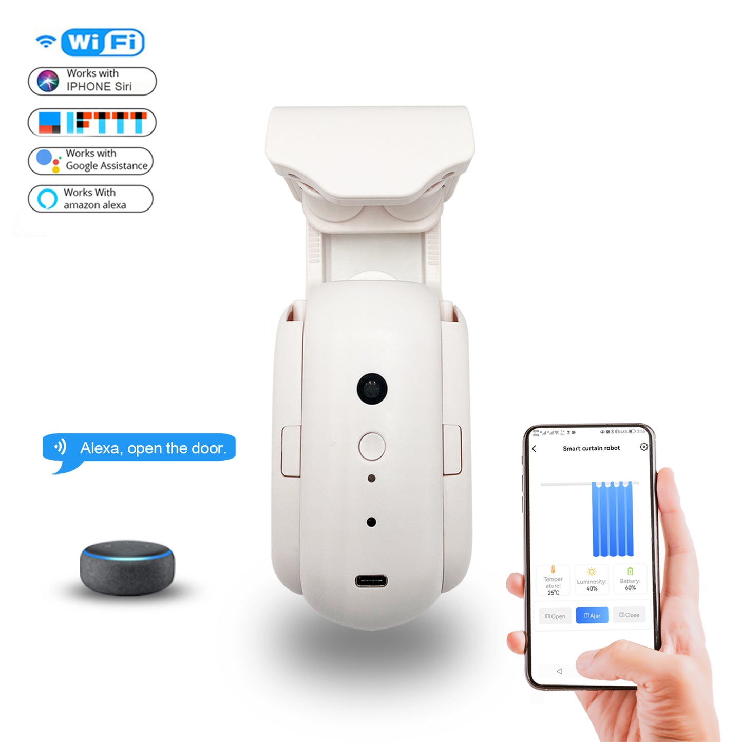 OWSOO Intelligent Curtain Motor Electric Curtain Robot Automatic Opener No  Wiring Support APP Remote Control Timer Setup Temperature & Light Sensing  Compatible with Home for Curtain Rod 